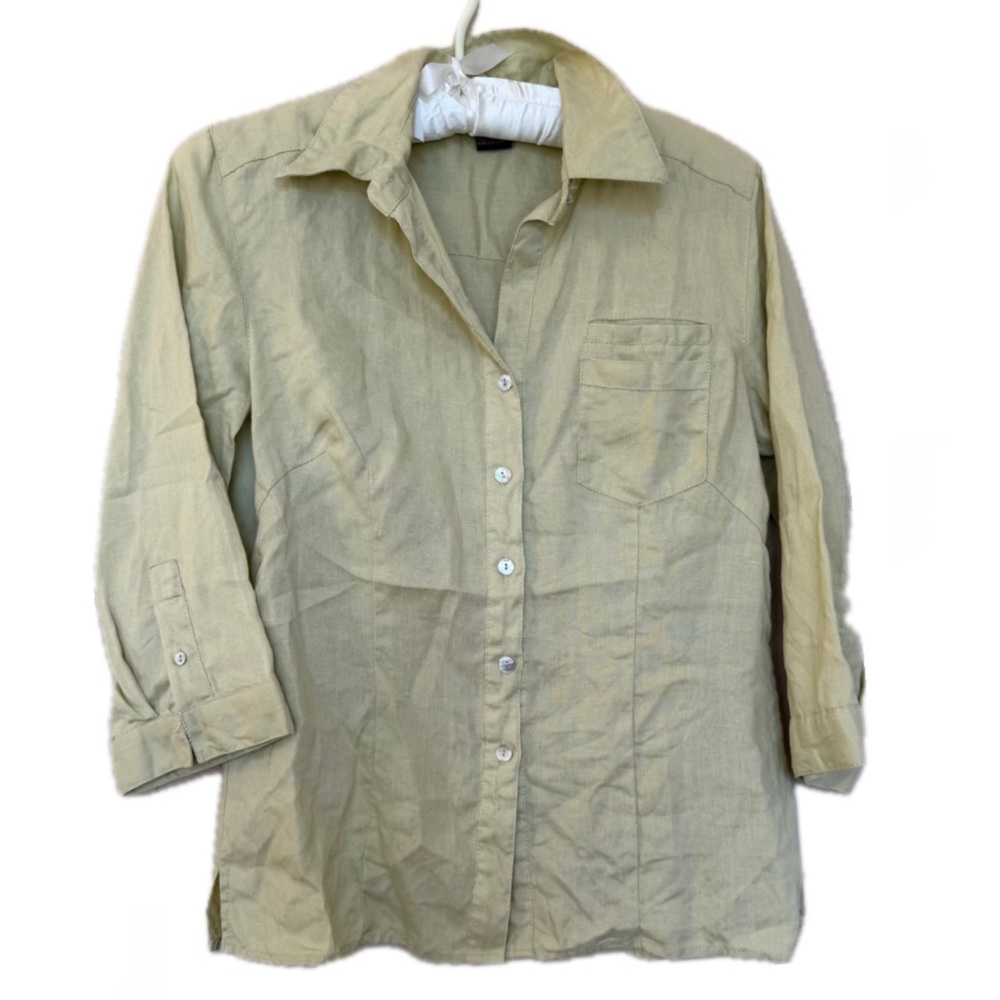 Women's Long Sleeve Linen Collared Button-Down Shirt Light Green Yellow
